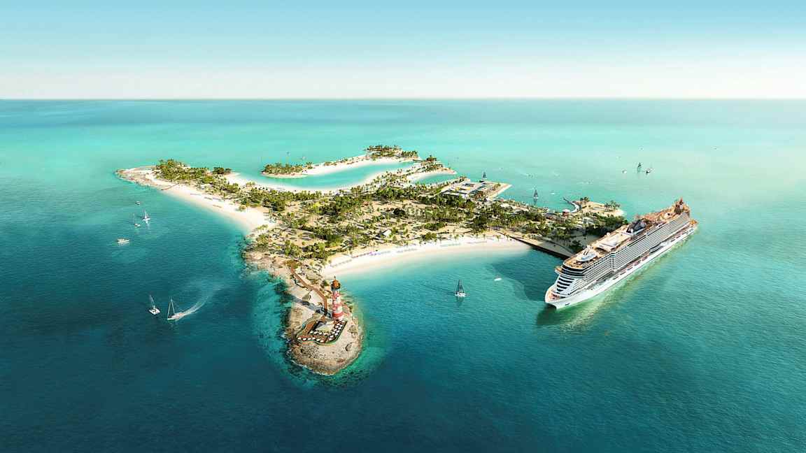 Ilmakuva trooppisesta saaresta, jolla on rantoja ja risteilyalus. (Tekoälyn luoma teksti)