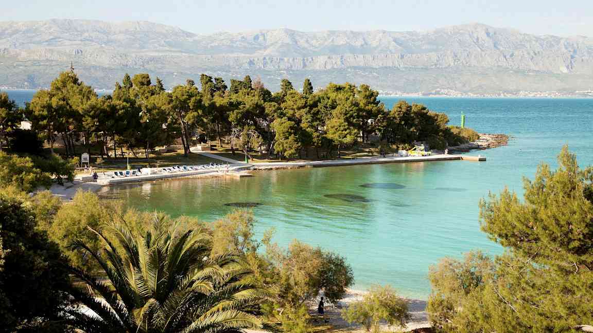 Näkymä rannalle, jossa turkoosi vesi ja mäntypuita. (Tekoälyn luoma teksti)