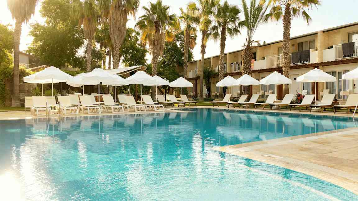 Uima-allas, jonka ympärillä aurinkotuoleja ja varjoja, taustalla palmuja ja rakennuksia. (Tekoälyn luoma teksti)