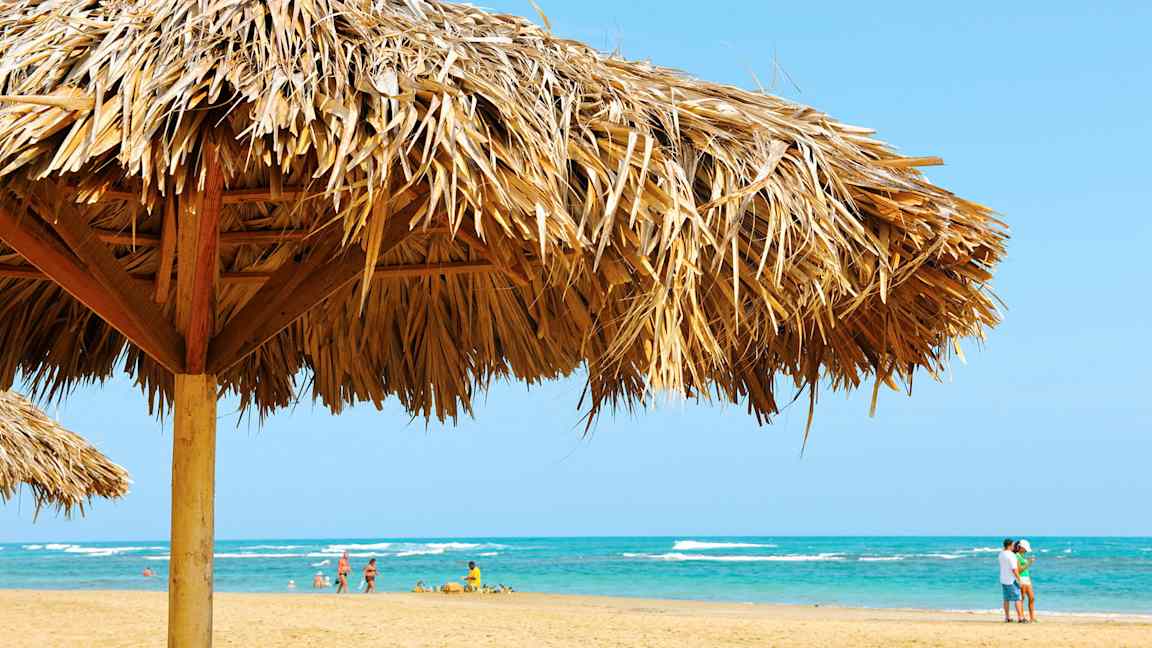 Ranta, jossa etualalla palmulehdistä tehty varjo ja ihmisiä rannalla meren äärellä. (Tekoälyn luoma teksti)