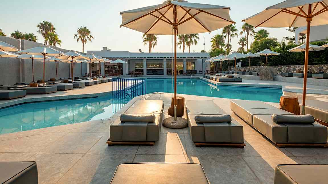 Ulkouima-allas, jossa aurinkotuoleja ja aurinkovarjoja, ympärillä palmuja ja rakennuksia. (Tekoälyn luoma teksti)