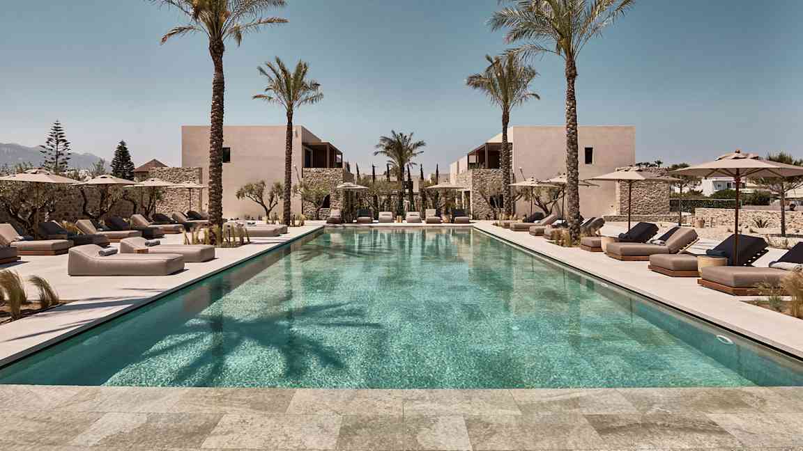 Suorakulmainen ulkouima-allas, jota ympäröivät aurinkotuolit ja päivänvarjot, taustalla palmuja ja rakennuksia. (Tekoälyn luoma teksti)