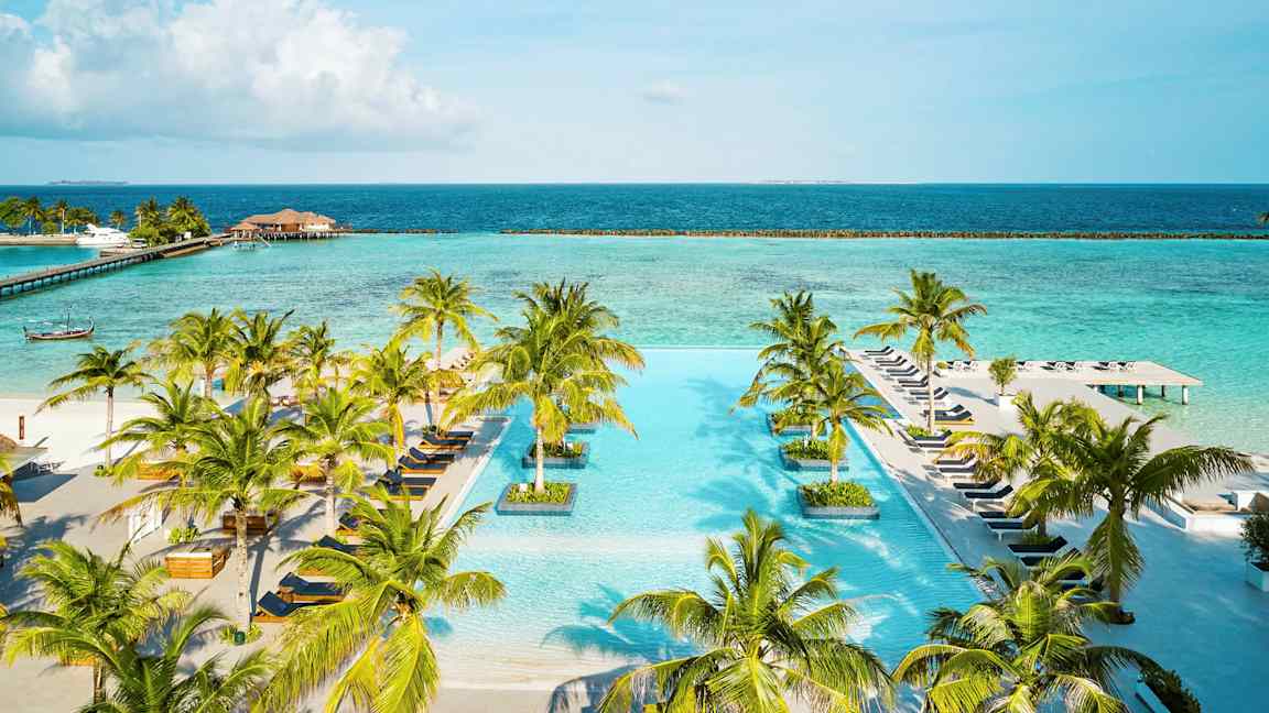 Äärettömyysallas, jota ympäröivät palmut, taustalla meri. (Tekoälyn luoma teksti)