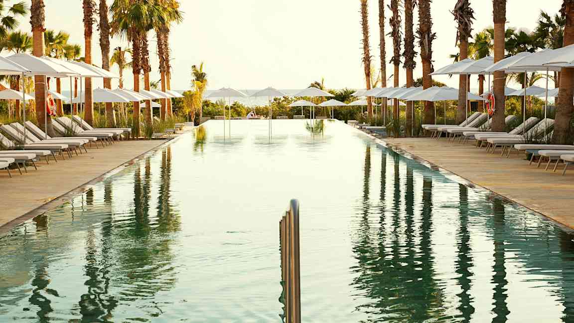 Pitkulainen uima-allas, jota ympäröivät aurinkotuolit, aurinkovarjot ja palmut. (Tekoälyn luoma teksti)