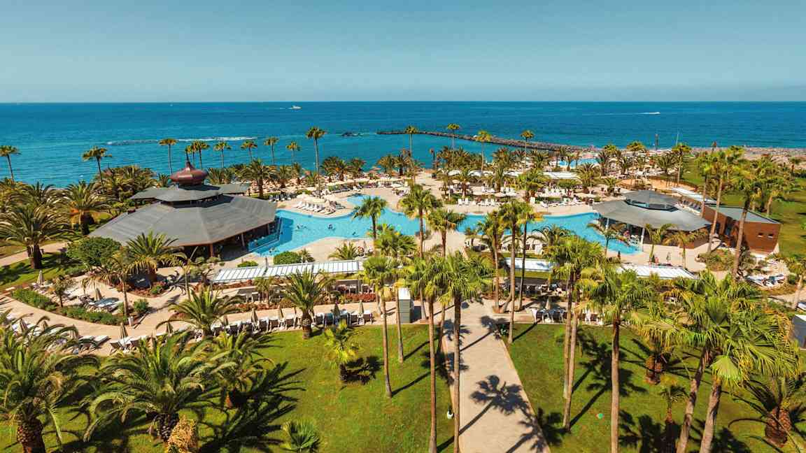 Uima-allasalue palmujen keskellä meren äärellä. (Tekoälyn luoma teksti)