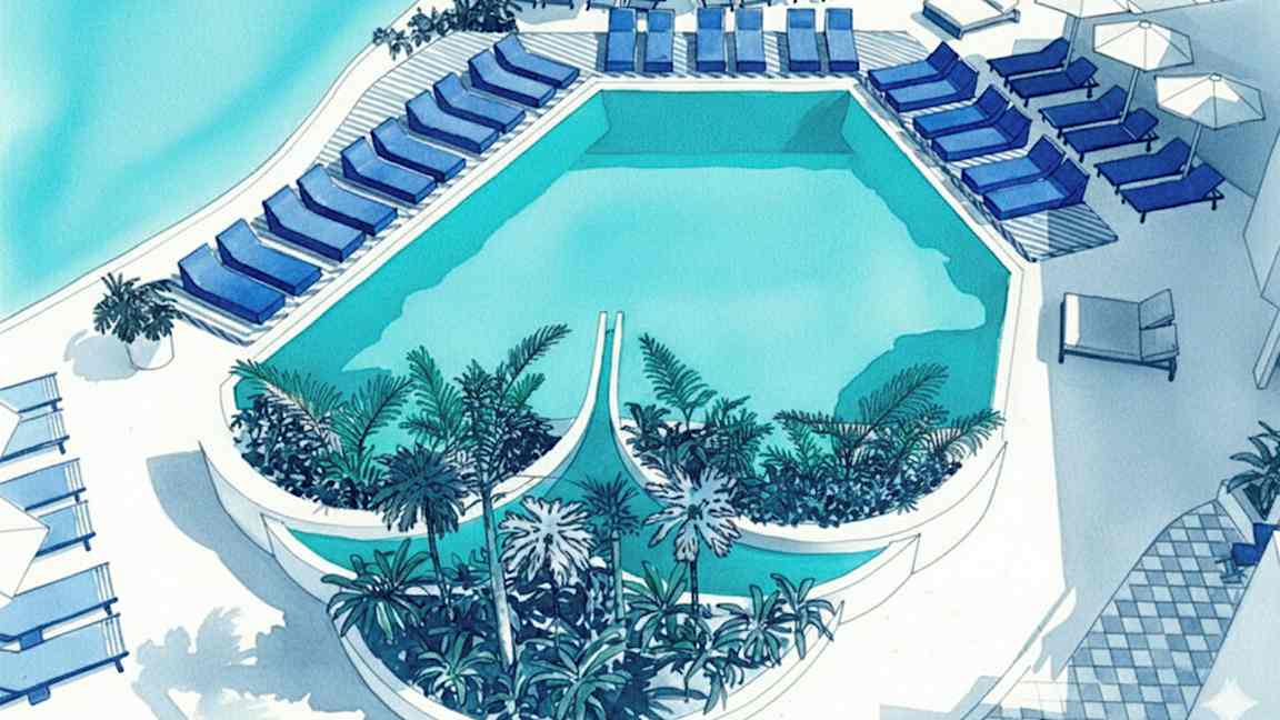 Ulkoallas, jonka ympärillä on aurinkotuoleja ja aurinkovarjoja sekä vihreitä kasveja. (Tekoälyn luoma teksti)