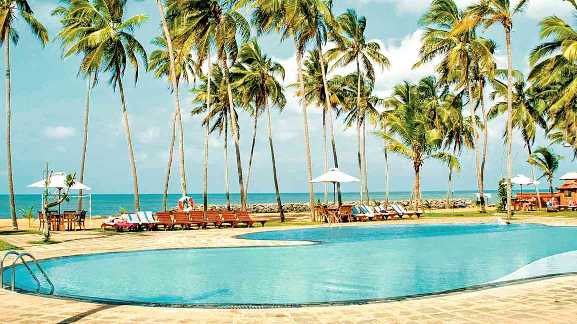 Kuva uima-altaasta palmujen ympäröimänä, merimaisema taustalla. (Tekoälyn luoma teksti)