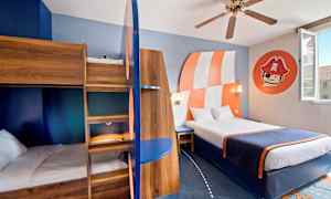 Hotellihuone, jossa on puinen kerrossänky, parivuode, sinistä ja oranssia sisustusta sekä merirosvoaiheinen seinämaalaus. (Tekoälyn luoma teksti)