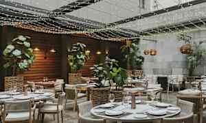 Ravintola ulkoalueella, pöydät koristeltu aterioita varten, ympäröitynä kasveilla ja valonauhoilla. (Tekoälyn luoma teksti)