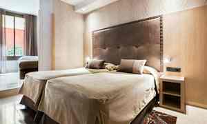 Hotellihuone, jossa on kaksi vierekkäistä yhden hengen vuodetta ja tummaa materiaalia oleva sängynpääty. Huoneessa on pieni yöpöytä ja suuri ikkuna, josta tulee luonnonvaloa. (Tekoälyn luoma teksti)