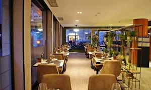 Viihtyisä ravintola, jossa pöydät ja tuolit on järjestetty ikkunoiden äärelle ja koristeellinen hylly kasveilla. (Tekoälyn luoma teksti)