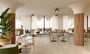 Moderni ravintolaympäristö pöytineen ja tuoleineen, pylväineen ja kasveineen. (Tekoälyn luoma teksti)