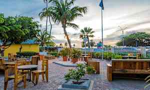 Ulkoympäristö, jossa pöytiä ja tuoleja sekä palmuja ja muuta kasvillisuutta. (Tekoälyn luoma teksti)