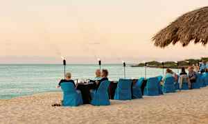 Rannalla katettu pöytä ja istumapaikat sinisillä tuolinsuojuksilla, ihmiset syövät ja seurustelevat. Taustalla näkyy meri ja taivas. (Tekoälyn luoma teksti)