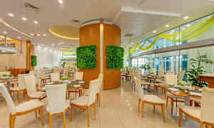 Ravintolan sisustus, jossa on useita pöytäryhmiä, koristeelliset seinäpaneelit kasvillisuudella ja suuret lasiseinät. (Tekoälyn luoma teksti)