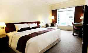 Hotellihuone, jossa on suuri sänky, kirjoituspöytä ja nojatuoli suuren ikkunan vieressä. (Tekoälyn luoma teksti)