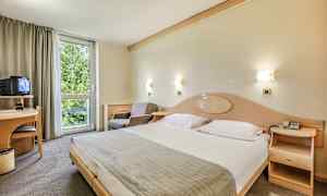 Hotellihuone, jossa on suuri sänky, nojatuoli, kirjoituspöytä, televisio ja ikkuna, josta on näkymä vehreyteen. (Tekoälyn luoma teksti)