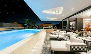 Moderni terassi ulkouima-altaalla, aurinkotuoleilla ja istuma-alueilla yötaivaan alla. (Tekoälyn luoma teksti)