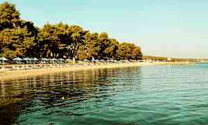 Ranta aurinkotuoleilla ja päivänvarjoilla veden äärellä, taustalla puita. (Tekoälyn luoma teksti)