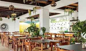 Ravintola, jossa on puupöytiä ja tuoleja, koristeltuna vihreillä kasveilla. (Tekoälyn luoma teksti)