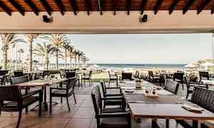 Ravintola ulkoterassilla, palmupuita ja meri taustalla. (Tekoälyn luoma teksti)