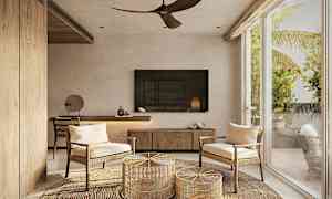 Moderni huone, jossa isot ikkunat, kaksi tuolia ja rottinkimatto. (Tekoälyn luoma teksti)