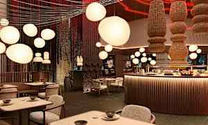 Kuva tyylikkäästä ravintolan sisustuksesta, jossa on pyöreitä kattovalaisimia ja tyylikkäitä huonekaluja. (Tekoälyn luoma teksti)