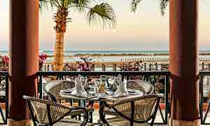 Pöytäkattaus terassilla, josta on näkymä merelle ja palmuja. (Tekoälyn luoma teksti)