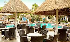 Tuoleja ja pöytiä uima-altaan äärellä, jossa on olkikattoja. (Tekoälyn luoma teksti)