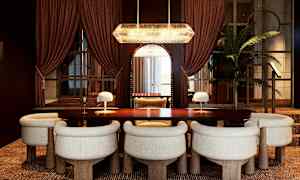 Tyylikäs ruokailuhuone, jossa tummapintainen puupöytä ja valkoisuudella päällystetyt tuolit ympärillä. Huoneessa on lämpimänruskeat verhot, kattokruunu ja pöytälamput. (Tekoälyn luoma teksti)