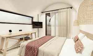 Moderni hotellihuone, jossa sänky, työpöytä ja ikkuna. (Tekoälyn luoma teksti)