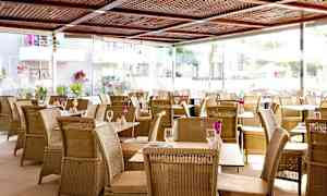 Ravintola, jossa rottinkikalusteita ja kukkia pöydillä. (Tekoälyn luoma teksti)