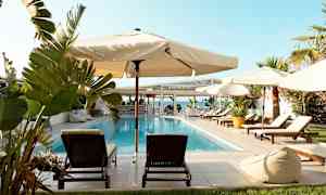 Uima-allas, jota ympäröivät aurinkotuolit, aurinkovarjot ja vehreys. Taustalla näkyy meri ja rakennus. (Tekoälyn luoma teksti)