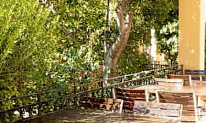 Ulkoilmapöytiä ja tuoleja varjoisalla verannalla, jota ympäröi vihreys. (Tekoälyn luoma teksti)