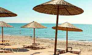 Ranta, jossa on aurinkotuoleja ja aurinkovarjoja meren äärellä. (Tekoälyn luoma teksti)