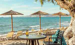 Pöytä, jolla on ruokaa ja juomaa, hiekkarannalla merinäköalalla ja aurinkotuoleilla. (Tekoälyn luoma teksti)