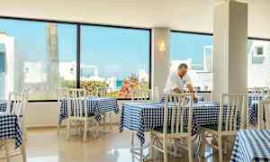 Valoisa ravintola, jossa on valkoisia tuoleja ja siniruutuisia pöytäliinoja sekä suuret ikkunat, joista näkyy rakennuksia ja vehreyttä. (Tekoälyn luoma teksti)