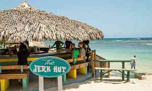 Rantabaari, jossa on olkikatto ja kyltti, jossa lukee "The Jerk Hut". Taustalla näkyy meri. (Tekoälyn luoma teksti)