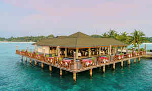 Ravintola, joka on rakennettu pylväiden päälle kirkkaan veden ylle, ympärillä palmuja ja taustalla ranta. (Tekoälyn luoma teksti)