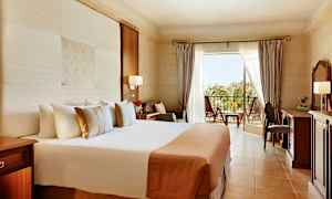 Hotellihuone, jossa on suuri sänky, työpöytä ja parveke, jolta on näkymä viheralueelle. (Tekoälyn luoma teksti)