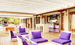 Ulkotarjoilualue, jossa violetit tyynyt tuoleilla ja baarialue taustalla. (Tekoälyn luoma teksti)