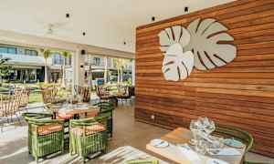 Ulkoravintola vihreillä huonekaluilla ja seinäkoriste, jossa on suuria lehtiä. (Tekoälyn luoma teksti)