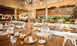 Ravintolan sisustus, jossa on puupöytiä ja -tuoleja, kiviseinät, riippuvalaisimia ja koristeena vihreitä kasveja. (Tekoälyn luoma teksti)