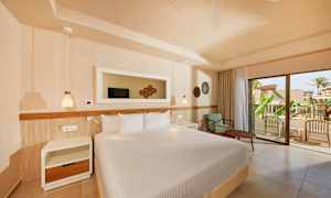 Hotellihuone, jossa on suuri sänky, yöpöytä ja nojatuoli pöydän kanssa. Lasinen ovi johtaa parvekkeelle, josta on näkymä vehreälle alueelle. (Tekoälyn luoma teksti)