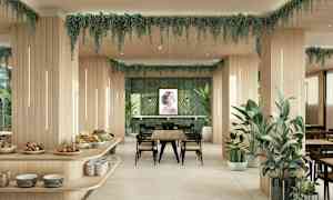 Moderni ravintola-alue puu- ja vihreillä koristeilla. (Tekoälyn luoma teksti)