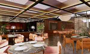 Ravintola, jossa on pöytiä ja tuoleja, moderni sisustus ja kasvikoristeita. (Tekoälyn luoma teksti)