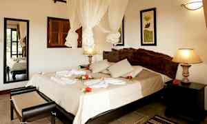 Hotellihuone, jossa on parivuode, koristeltuna kukilla ja pyyhkeillä. (Tekoälyn luoma teksti)