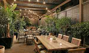 Ulkovuorattu terassi, jossa puupöytä, rottinkituoleja ja ympäröivää vihreyttä. Katossa on koristevaloja. (Tekoälyn luoma teksti)