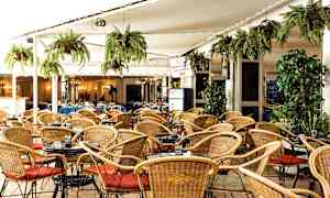 Kuva ulkoterassista, jossa on rottinkituoleja, pieniä pöytiä ja vihreitä riippuvia kasveja. (Tekoälyn luoma teksti)