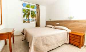 Hotellihuone, jossa on kaksi beigeillä vuodepeitteillä varustettua yhden hengen vuodetta. Yhdellä seinällä on ikkuna, josta näkyy palmu ja meri. (Tekoälyn luoma teksti)